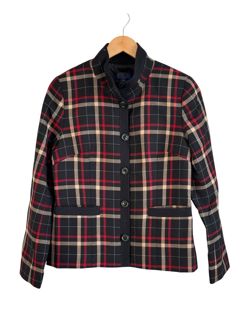 Pendleton Vintage Womens Plaid Blazer Jacket Virgin Wool Size 10 Black Red Tan